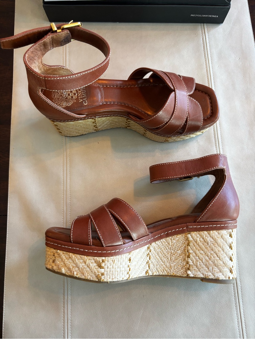 Vince Camuto Linoah Brown Leather Espadrille Platform Wedge Sandals